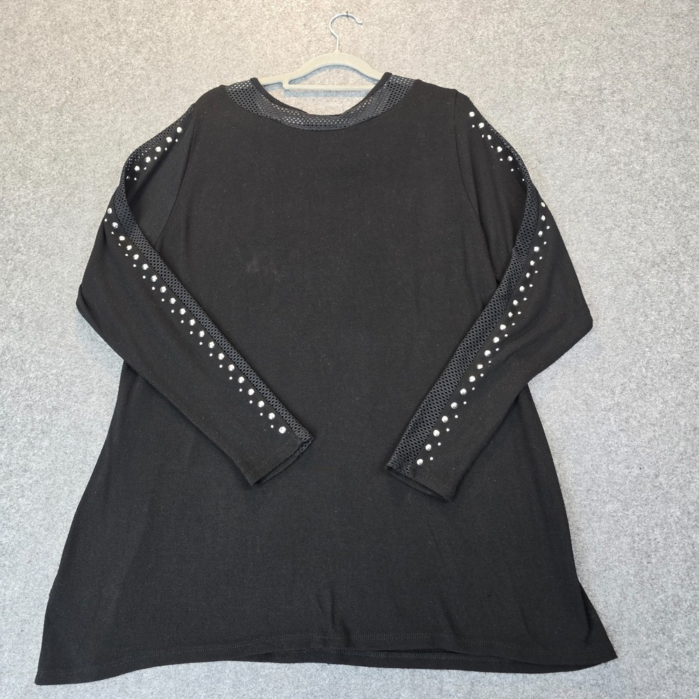 Belldini Studded Mesh Inset Tunic Top Womens 1X Black Boat Neck Long Sleeve
